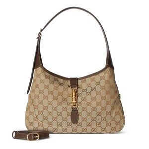 Gucci Jackie 1961 GG Canvas Leather Piston Shoulder Bag Tan Brown